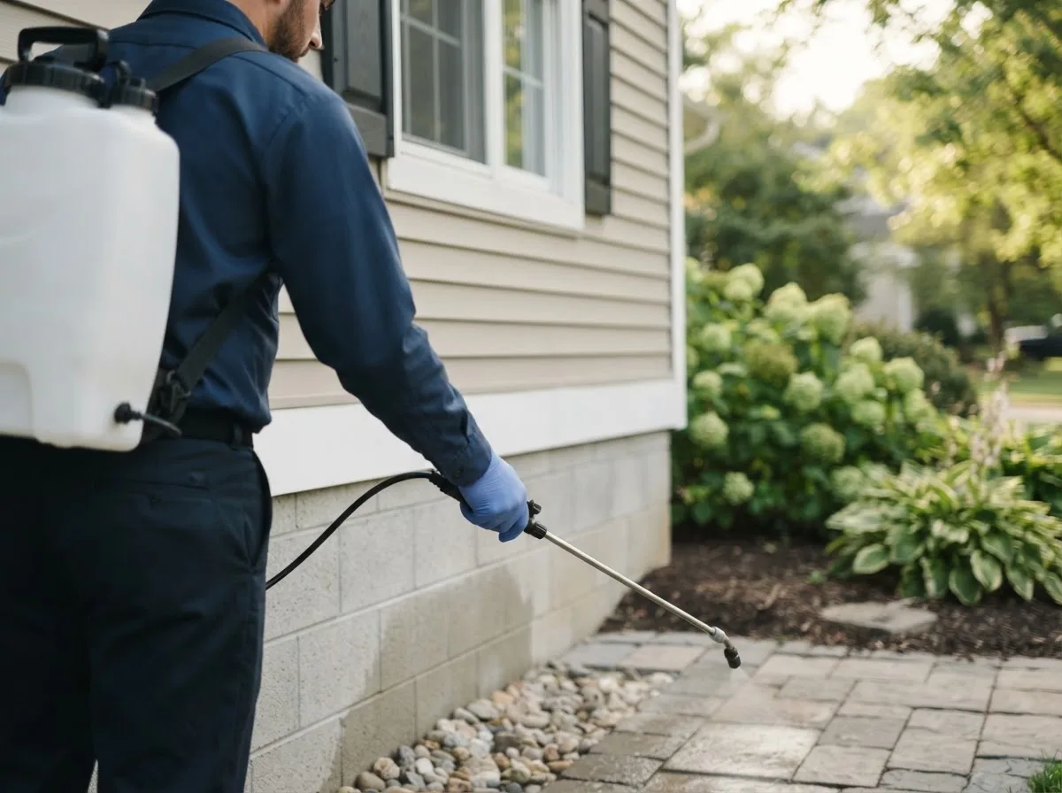 Pest control technician inspecting a home in Reynoldsville, PA